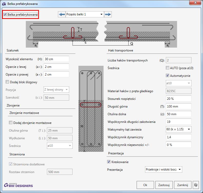 Belka (Reinforced Concrete Beam Designer) Wprowadzenie opcji dla prefabrykacji Najnowsza wersja programu wprowadza funkcje pozwalające na definiowanie przekrojów belek prefabrykowanych.