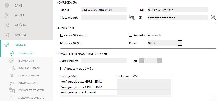 SATEL GSM-X 33 7.8 Komunikacja Rys. 30. Zakładka Komunikacja. Moduł typ i wersja oprogramowania modułu. Klucz modułu ciąg znaków służący do identyfikacji modułu.