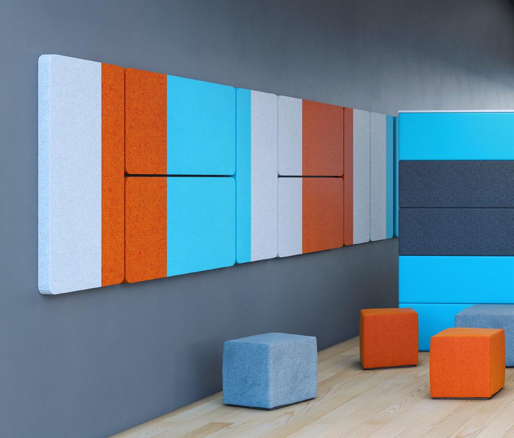 Wall panels Panele ścienne The use of sound-absorbing wall panels not only helps reduce the echo effect in a particular room, but also allows for creating a unique and cosy place that gives employees