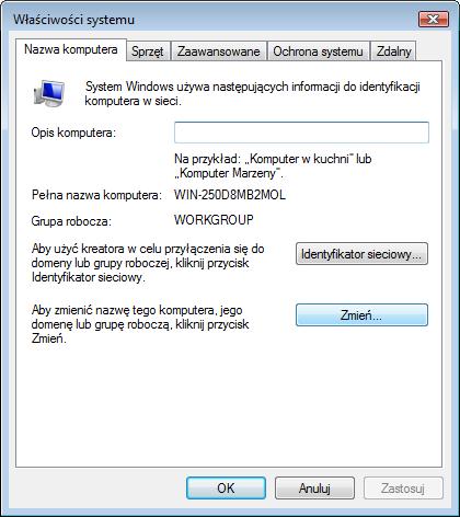 Kliknij przycisk Zmień. Otworzy się okno "Zmiana nazwy komputera/domeny".