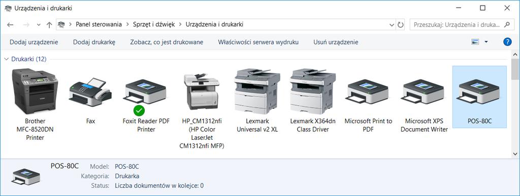 W menu Windows Urządzenia i drukarki pojawi się ikona zainstalowanej drukarki: Po zainstalowaniu sterownika w pierwszej kolejności należy sprawdzić, czy dla drukarki ustawiony jest prawidłowy port.