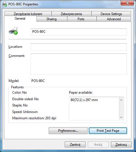 Należy sprawdzić połączenie z drukarką, w tym celu wybrać zakładkę Ogólne (General) i kliknąć przycisk Drukuj stronę testową (Print Test Page): Po zakończeniu instalacji można sprawdzić, czy