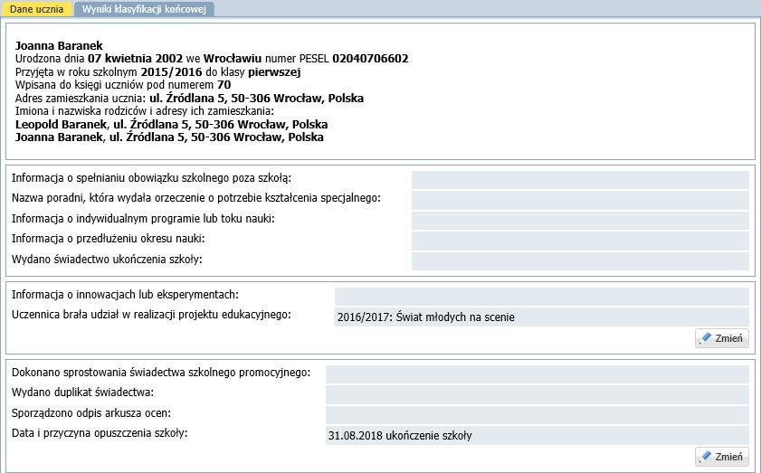 świadectwa ukończenia szkoły? 7/12 Kliknij przycisk Zapisz. 9. Obejrzyj arkusze ocen uczniów. W drzewie danych rozwiń gałąź oddziału i wybierz ucznia.