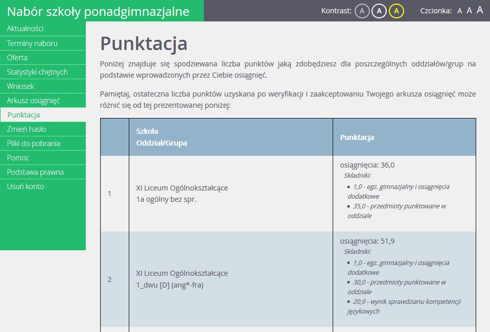 Przeglądanie danych kandydata w kolejnym logowaniu Sprawdzanie punktacji na podstawie wprowadzonych osiągnięć Po wypełnieniu arkusza osiągnięć i po kliknięciu w