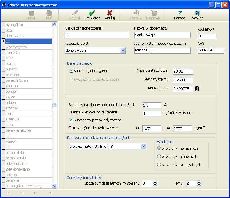 PROEKO R. Samoć Instrukcja programu "EMISJA" - 70-9. Opcje programu 9.1. Okno: Edycja listy zanieczyszczeń W oknie tym ustala się właściwości poszczególnych zanieczyszczeń.