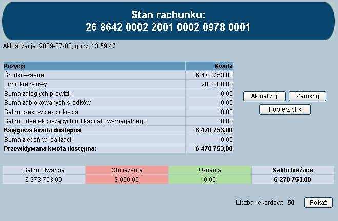 Na tej stronie wyświetlona jest również informacja, na jaki dzień i godzinę prezentowany jest stan rachunku. Przycisk [Aktualizuj] pozwala na pobranie bieżących wartości.