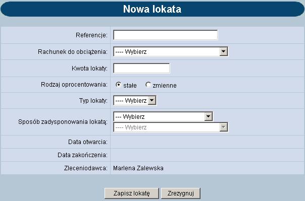 Należy wprowadzić następujące dane: Referencje w polu tym można wpisać dowolne literowe i/lub cyfrowe oznaczenie przelewu np. Lokata_m1 (lokata jednomiesięczna).