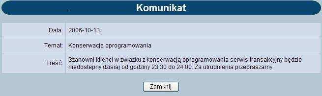 Lista komunikatów zawiera następujące informacje: Datę komunikatu, Nagłówek komunikatu (temat).