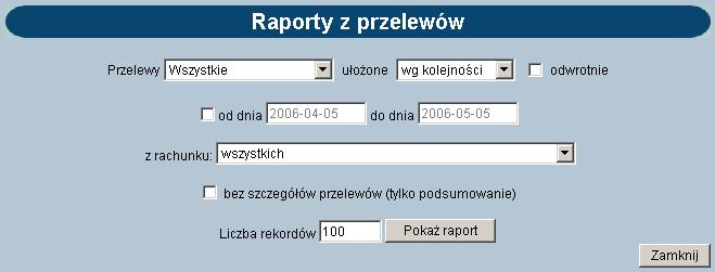 Można zdefiniować następujące parametry raportu (jak na rysunku powyżej): Przelewy domyślnie wartość Wszystkie.