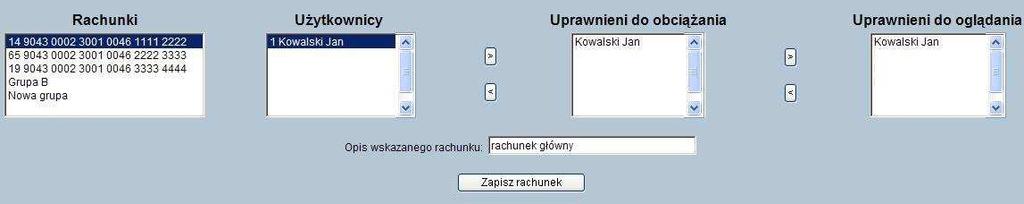 Funkcje (środkowa kolumna) są podzielone na grupy odpowiadające modułom systemu. Przyciski pod listą użytkowników służą do szybkiego przyznania lub odebrania uprawnień użytkownika.