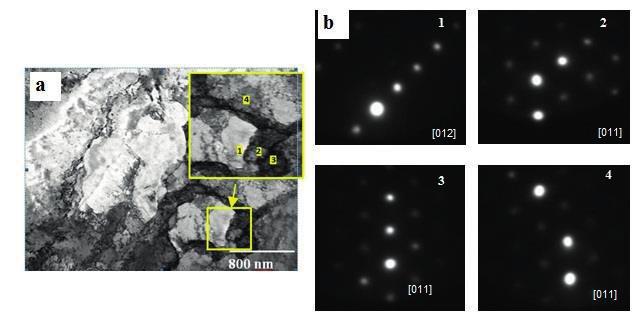 Rys. 9. Mikrostruktura stopu CuFe2 po zastosowaniu procesu RCMR przy parametrach: ε h = 80%, f = 1 Hz, v = 1 obr.