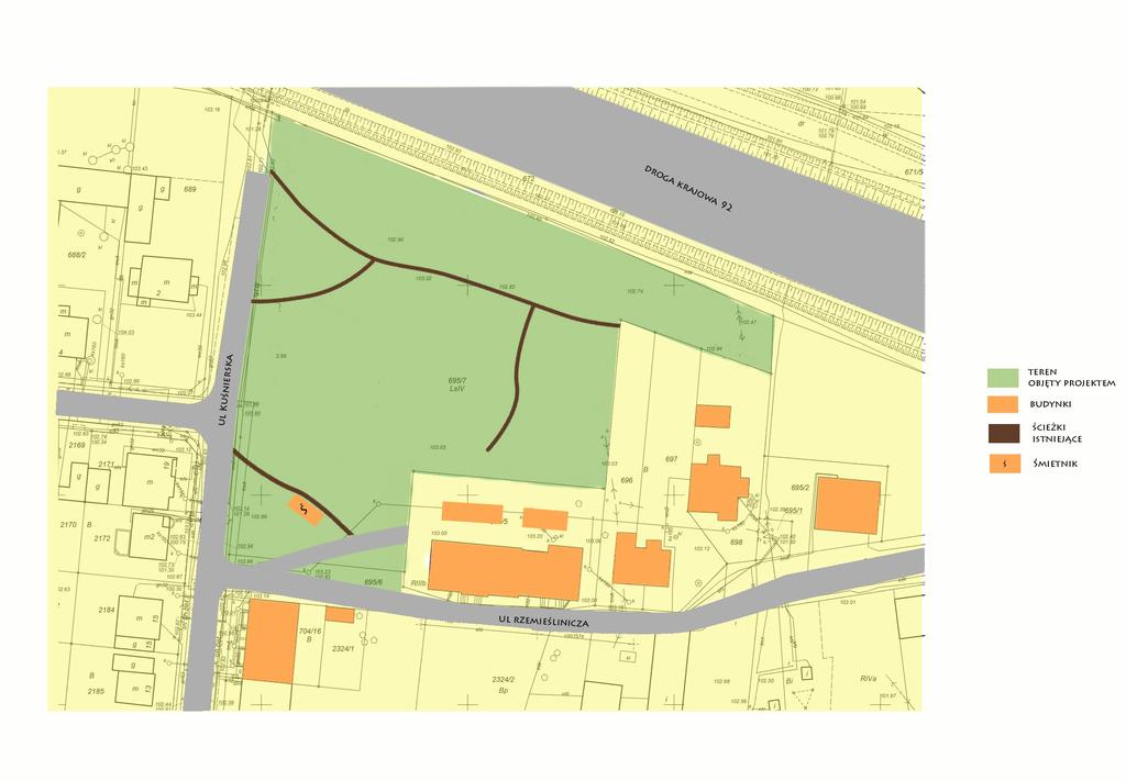Mapa obrazująca zakres terenu objęty koncepcją. 1.Założenia projektowe Głównie koncepcja obejmowała teren drzewostanu, w którym miałby powstać park oraz teren pod część rekreacyjną i plac zabaw.