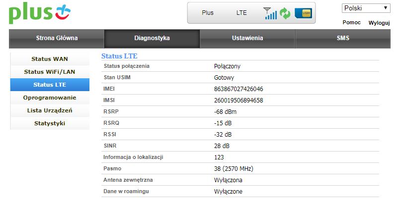 Status LTE Status połączenia wyświetla informację czy nasze urządzenie jest połączone z siecią LTE; możliwe statusy to Połączony lub Rozłączony.