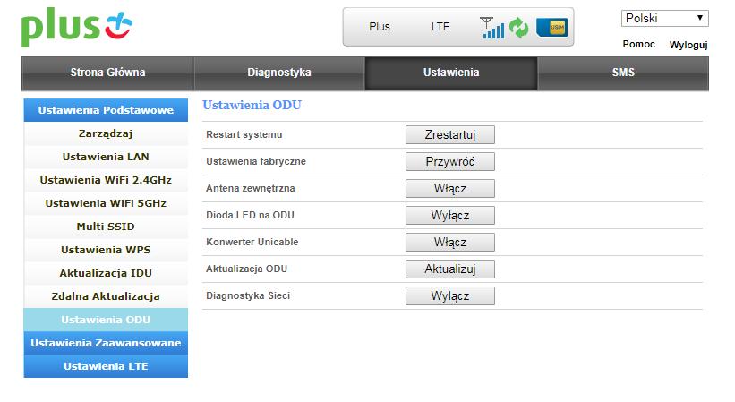 Ustawienia ODU W zakładce Ustawienia ODU można: wykonać restart (ponowne uruchomienie) modemu zewnętrznego ODU, klikając na przycisk Zrestartuj, przywrócić ustawienia fabryczne urządzenia ODU,