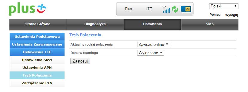 Tryb połączenia W zakładce Tryb Połączenia możemy: Zmienić rodzaj połączenia z Internetem wybierz opcję Zawsze online (wartość domyślna), aby router automatycznie łączył się z Internetem, lub opcję