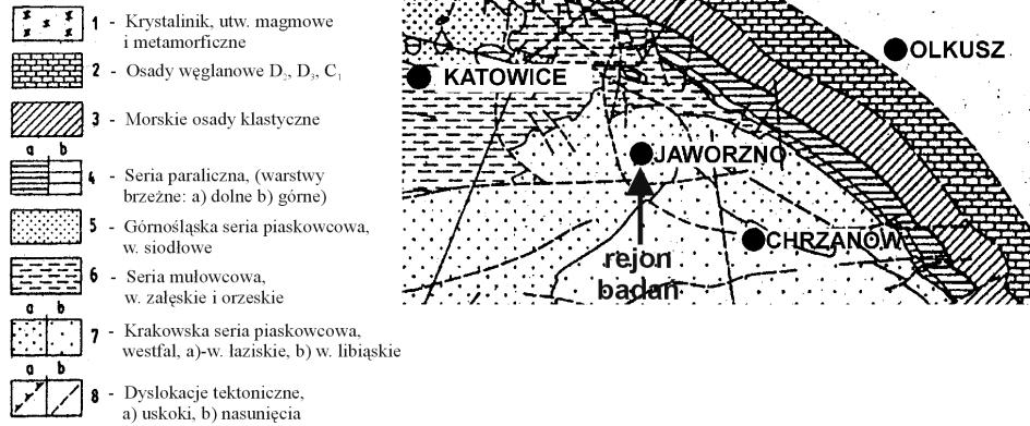 J. KŁOSIŃSKI Ocena przypowierzchniowych niejednorodności ośrodka na obszarze... piaskowcowa dzieli się na część dolną warstwy łaziskie oraz część górną warstwy libiąskie.