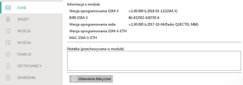 26 GSM-X SATEL 7.4 Dane Rys. 24. Zakładka Dane. Informacje o module Wersja oprogramowania GSM-X numer wersji oprogramowania modułu.