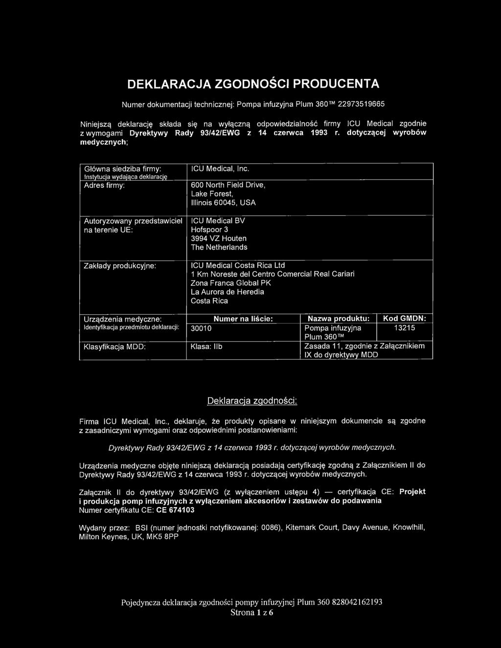 icumedtcal hurndn CJIHK'llion~, DEKLARACJA ZGODNOSCI PRODUCENTA Niniejszq deklaracj~ sklada si~ na wylqcznq odpowiedzialnosc firmy ICU Medical zgodnie z wymogami Dyrektywy Rady 93/42/EWG z 14 czerwca