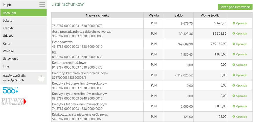 RACHUNKI Lista rachunków wyświetla listę rachunków dostępnych do obsługi przez Internet.