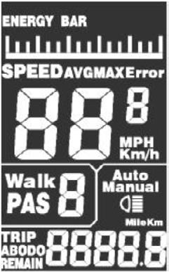 Wskaźnik naładowania baterii Wskaźnik prędkości (prędkość rzeczywista, AVG, MAX) Całkowity dystans, dystans podróży A,B, pozostały dystans Wskaźnik trybu prowadzenia Inne parametry jak średnica koła,