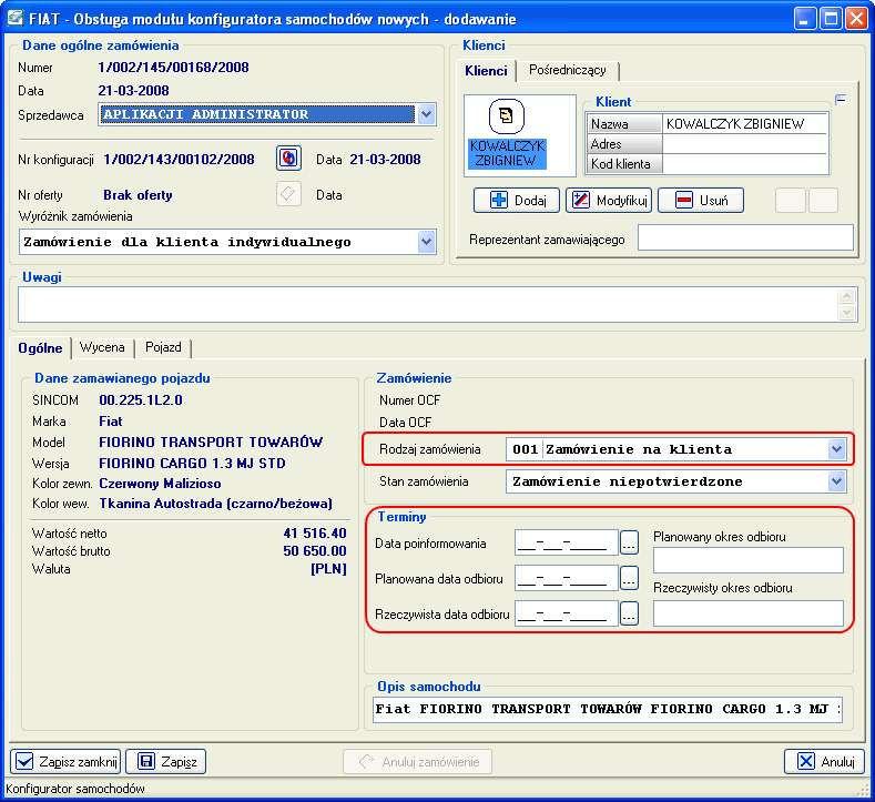 Ekran 6. - Zamówienie - dane ogólne. Uzupełniamy pole Rodzaj zamówienia, znajdujące się w ramce Zamówienie oraz dane w ramce Terminy dotyczące zakładanego dnia (okresu) odbioru pojazdu przez klienta.