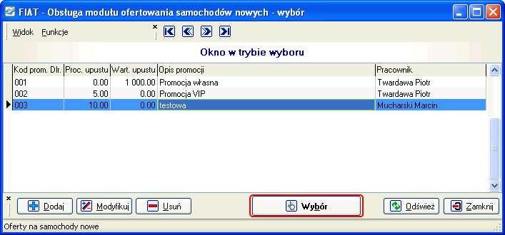 Ekran 15. - Wybór promocji własnej z listy.
