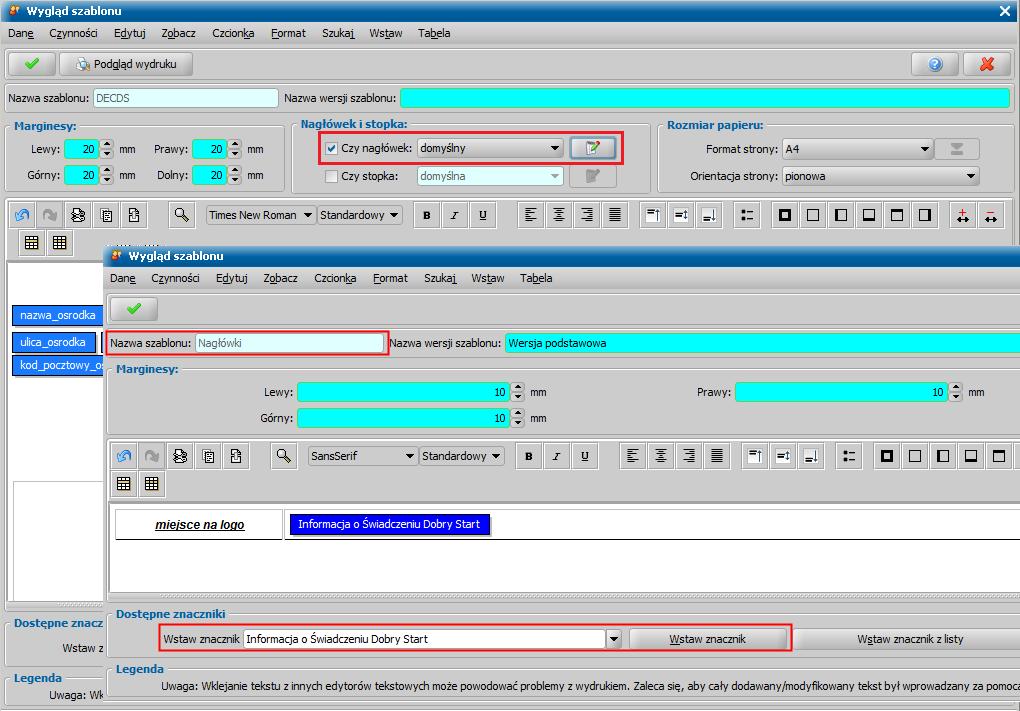 Podczas drukowania decyzji/informacji przyznającej świadczenie Dobry Start (po wybraniu przycisku Drukuj) oprogramowanie sprawdza czy w szablonie wydruku jest znacznik Informacja o Świadczeniu Dobry
