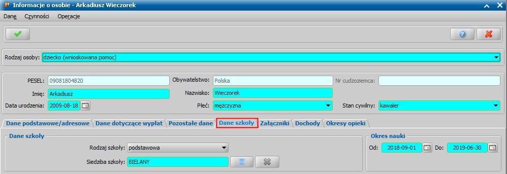 Dane szkoły, na zakładce tej należy wprowadzić rodzaj i siedzibę szkoły, do której uczęszcza lub będzie uczęszczało dziecko. Jako okres nauki domyślnie podpowiada się okres od 01.09.2018 do 30.06.