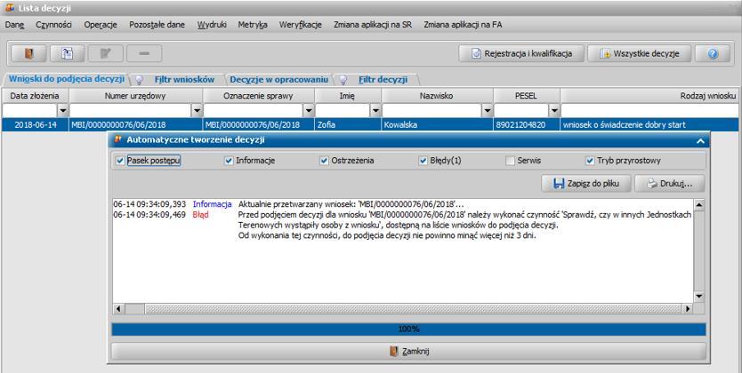 Po ukończeniu procesu tworzenia decyzji automatycznie przejdziemy z zakładki Wnioski do podjęcia decyzji na zakładkę Decyzje w opracowaniu, gdzie będzie podświetlona nowo utworzona