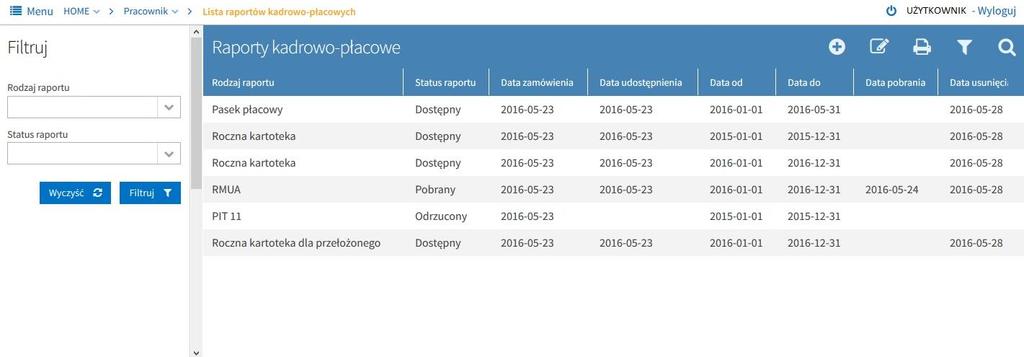 3.2. Ponowne zamawianie tego samego raportu kadrowo-płacowego Okno z listą raportów kadrowo-płacowych zawiera również informacje na temat statusu raportu, daty zamówienia, daty udostępnienia, daty