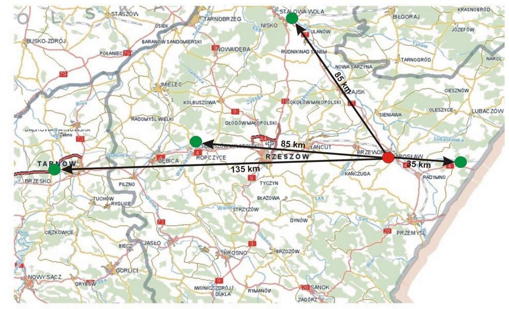 Rys 5.1. Lokalizacja składowisk przyjmujących odpady azbestowe, położonych najbliżej Miasta Jarosławia. 5.2.