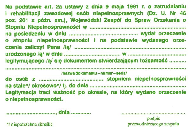 Wzór nr 0 D do 19, 3 i 6 LEGITYMACJA OSOBY NIEPEŁNOSPRAWNEJ (strona czołowa) (strona