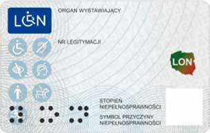 Wzór nr 0 F do 19, 3 i 6 LEGITYMACJA DOKUMENTUJĄCA STOPIEŃ NIEPEŁNOSPRAWNOŚCI AWERS REWERS Opis: 1.1. Legitymacja ma formę spersonalizowanej karty (układ poziomy) o wymiarach 54 x 85,6 mm, 1.