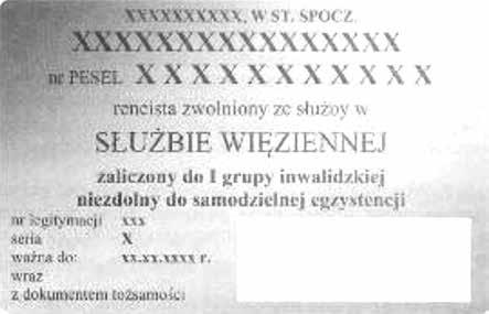 1 czarne napisy wykonane różną czcionką: a) w górnej części RZECZPOSPOLITA POLSKA, b) poniżej czarny orzeł, c) w dolnej części: MINISTERSTWO SPRAWIEDLIWOŚCI BIURO EMERYTALNE SŁUŻBY WIĘZIENNEJ, d)