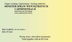 Napisy w kolorze czarnym: 1) po prawej stronie wizerunku orła: RZECZPOSPOLITA POLSKA, poniżej THE REPUBLIC OF POLAND, poniżej MINISTERSTWO SPRAW WEWNĘTRZNYCH i ADMINISTRACJI, poniżej MINISTRY OF