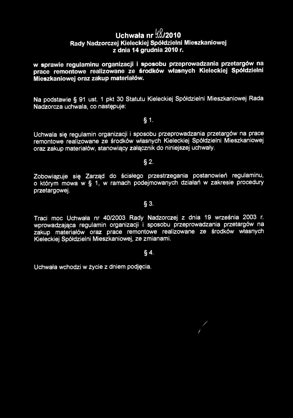 Uchwała nr ks/2010 Rady Nadzorczej Kieleckiej Spółdzielni Mieszkaniowej z dnia 14 grudnia 2010 r.