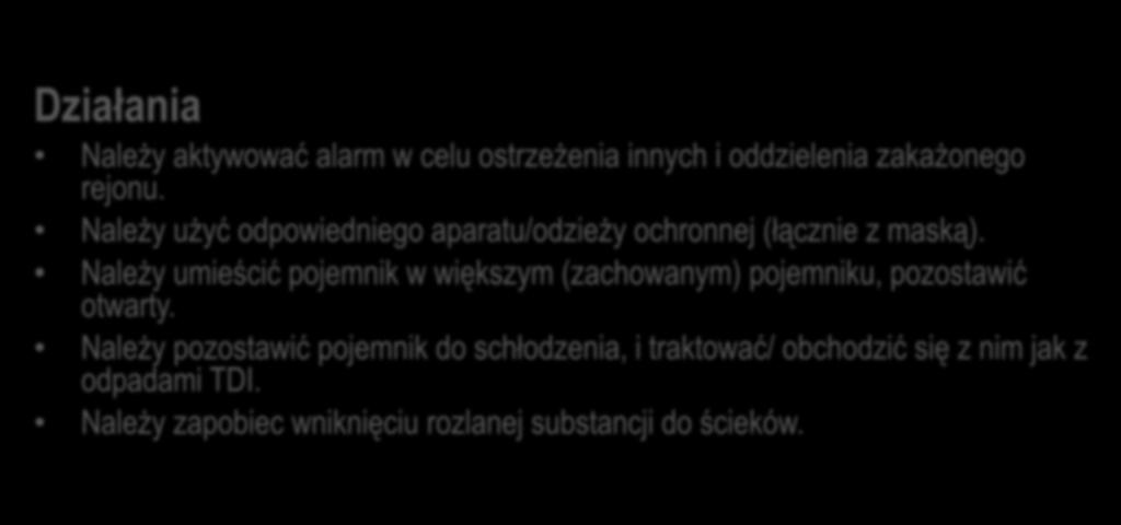 Odpowiedzi Wybuch pojemnika gorącego TDI w fabryce Działania Należy aktywować alarm w celu ostrzeżenia innych i oddzielenia zakażonego rejonu.