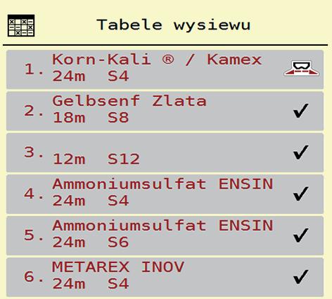 4 Obsługa AXIS-H ISOBUS 4.4.10 Tabele wysiewu W tym menu można tworzyć Tabele wysiewu i zarządzać nimi. Wybór tabeli wysiewu ma wpływ na ustawienia nawozu, w sterowniku maszyny i rozsiewaczu nawozów.