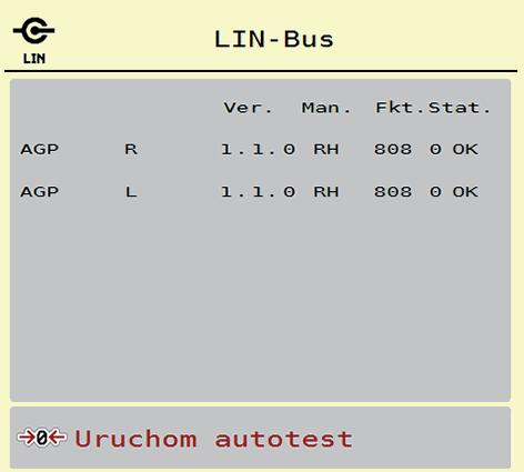 4 Obsługa AXIS-H ISOBUS Przykład Linbus 1. Wywołać menu System/Test > Test/Diagnostyka. 2. Wywołać pozycję menu Linbus. Wyświetlacz pokazuje status siłowników/czujników. 3 1 2 Rysunek 4.