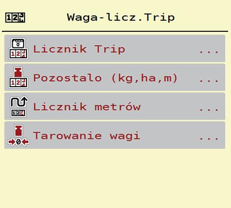 4 Obsługa AXIS-H ISOBUS 4.9 Waga-licznik Trip W tym menu znajdują się wartości dotyczące wykonanego wysiewu i funkcji trybu wagowego. Otworzyć menu Menu główne > Waga-licznik Trip.