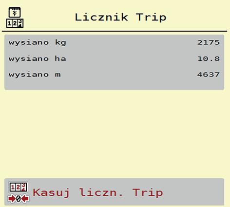 Obsługa AXIS-H ISOBUS 4 4.9.1 Licznik Trip W tym menu można odczytać parametry wykonanego wysiewu, obserwować pozostałą ilość nawozu oraz wyzerować licznik Trip.
