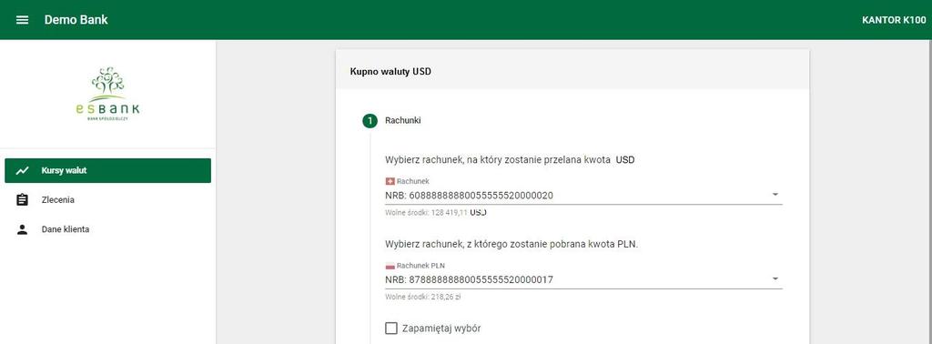 Aktualnie wybrana przez Klienta waluta jest wyszczególniona przez nieco większy obszar oraz cień. Szczegółowy wykres kursu danej waluty posiada legendę opisującą oś pionową (kurs) oraz poziomą (czas).