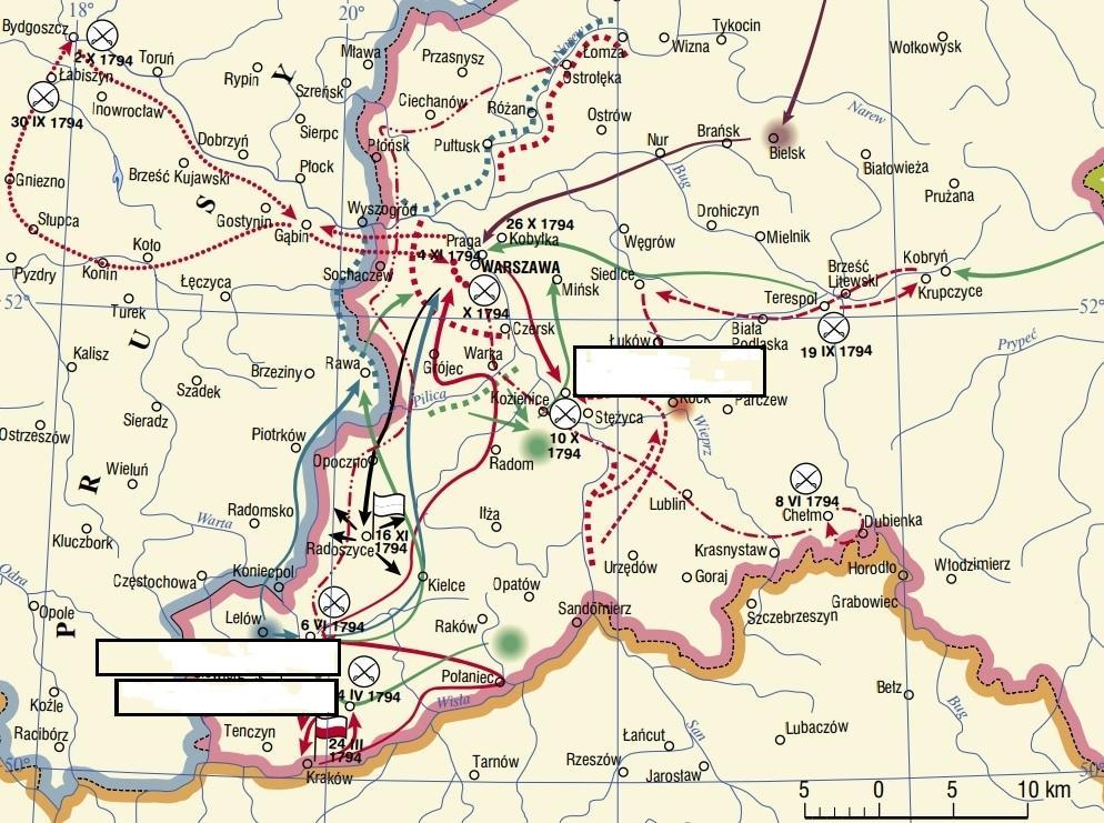 Zadanie 14. W zaznaczone na mapce miejsca wpisz nazwy bitew insurekcji kościuszkowskiej. (0-3) Zadanie 15. Określ prawdziwość poniższych zdań wpisując obok wydarzenia literę F (fałsz) lub P (prawda).