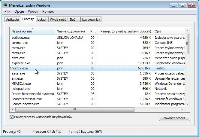 Wystarczy podstawić nazwę przeglądarki, gdy widzisz słowo Firefox. Powróć do "Menedżer zadań Windows".