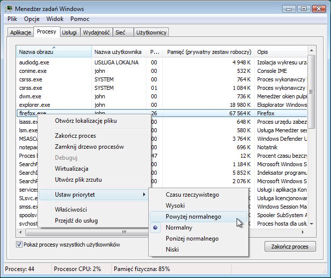 Kliknij prawym przyciskiem myszy firefox.exe> Ustaw Priorytet.
