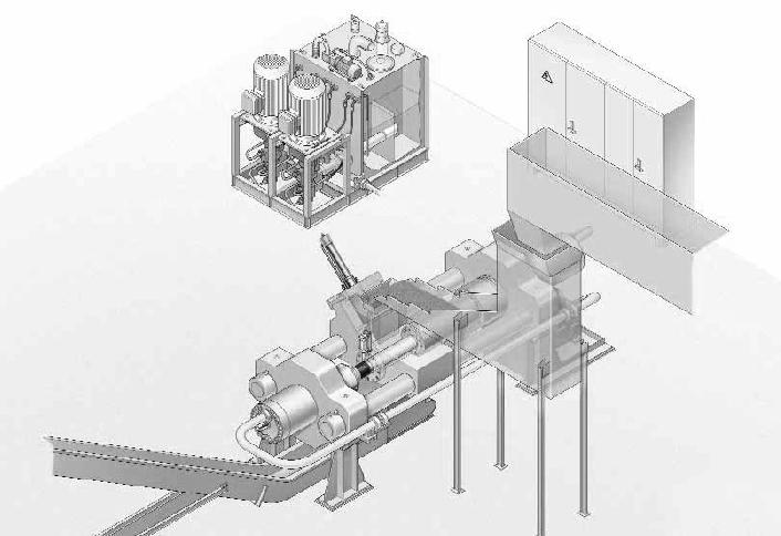 Schemat działania prasy stemplowej (b) firmy Metso Lindemann GmbH oraz widok brykietów (c) [14, 15].