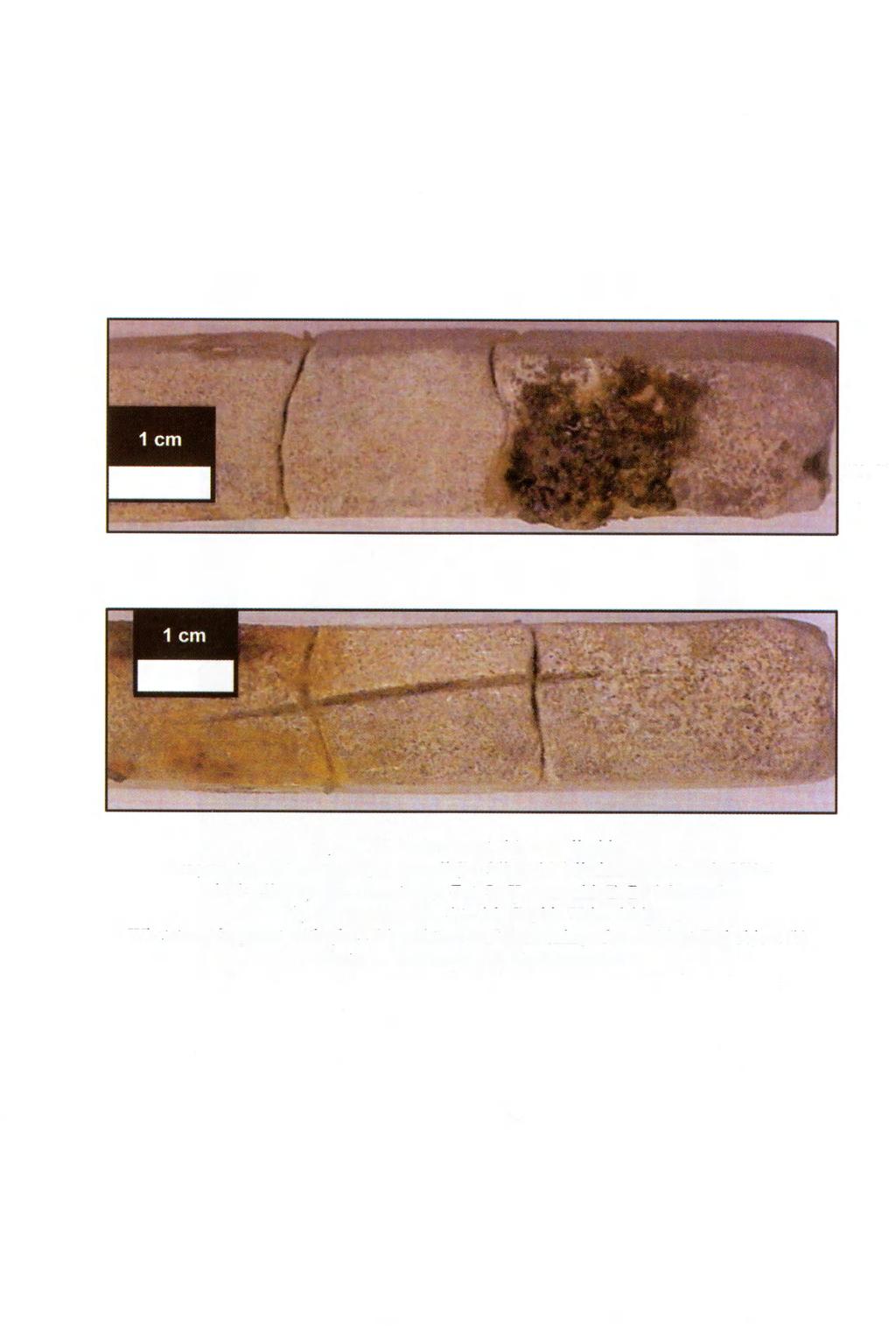 Ryc. 7. Pławniowice st. 16, woj. śląskie. Fragment osełki kamiennej z naroślą" szkliwa (a) i śladem po ostrzeniu bliżej nieokreślonego przedmiotu (b). Fot. Ł. Karwowski, E.