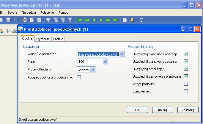 15 2. W widocznym oknie na zakładce Ogólne można określić: - w grupie Ustawienia: czy wykres ma być prezentowany dla gniazd produkcyjnych, czy dla grup gniazd, na jakim planie ma