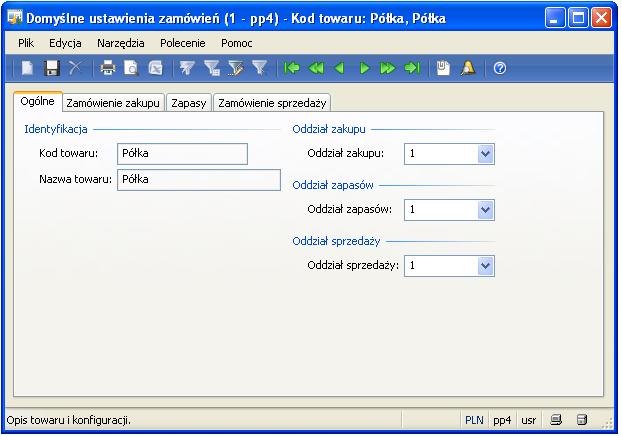 - otworzy się okienko podobne do poniższego: Na zakładce Ogólne można wskazać domyślne oddziały zajmujące się zakupem, sprzedażą i/lub magazynowaniem danego towaru. 2.