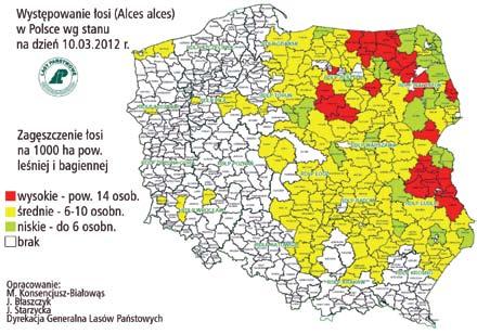 Łoś (Alces alces) w Polsce północno-wschodniej i skala konfliktów z działalnością człowieka 61 Rys. 2. Zagęszczenie łosi w nadleśnictwach zarejestrowane metodą pędzeń próbnych w 2012 r.
